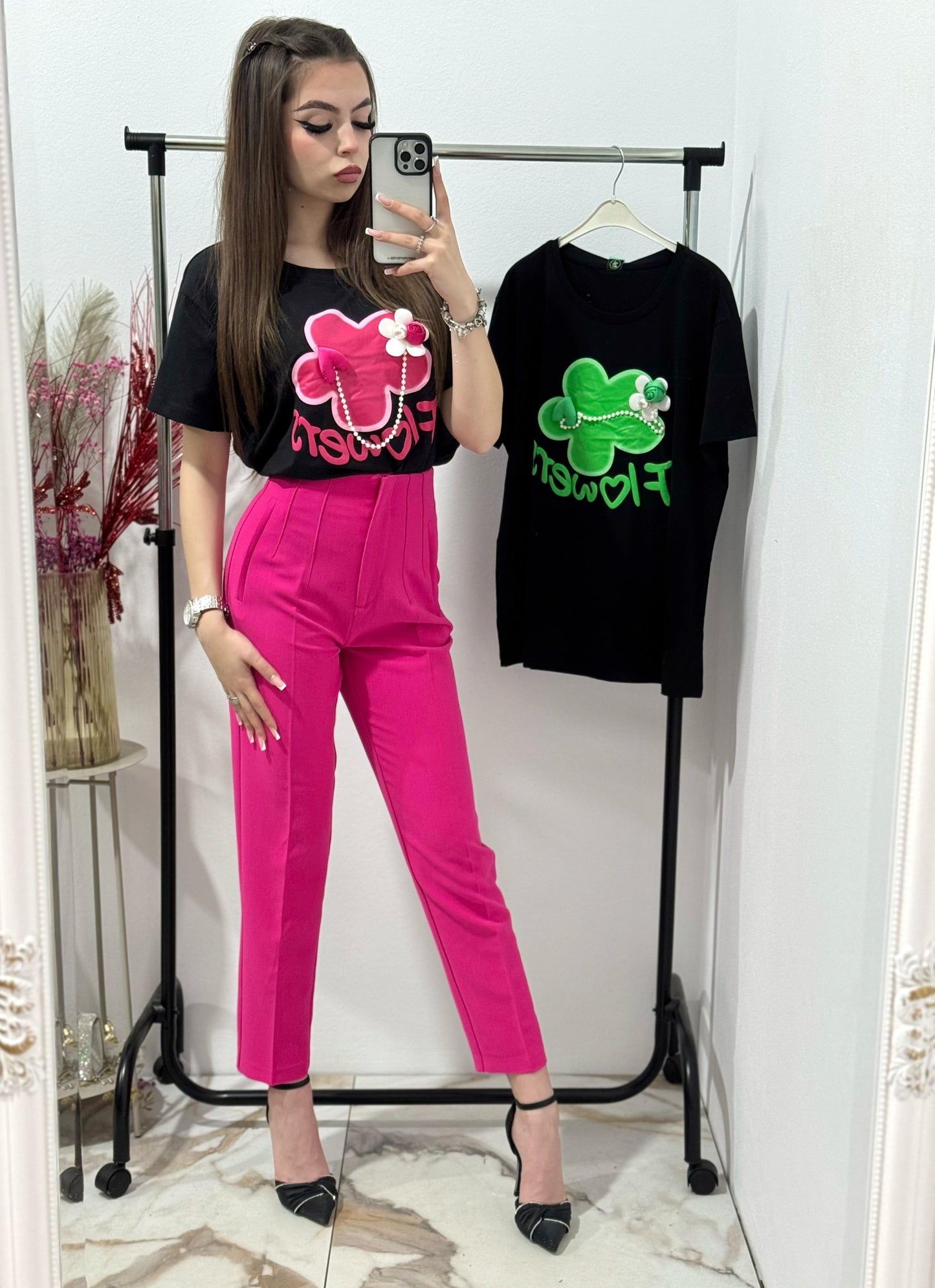 Pantalon fucsia cu talie inalta Caroline