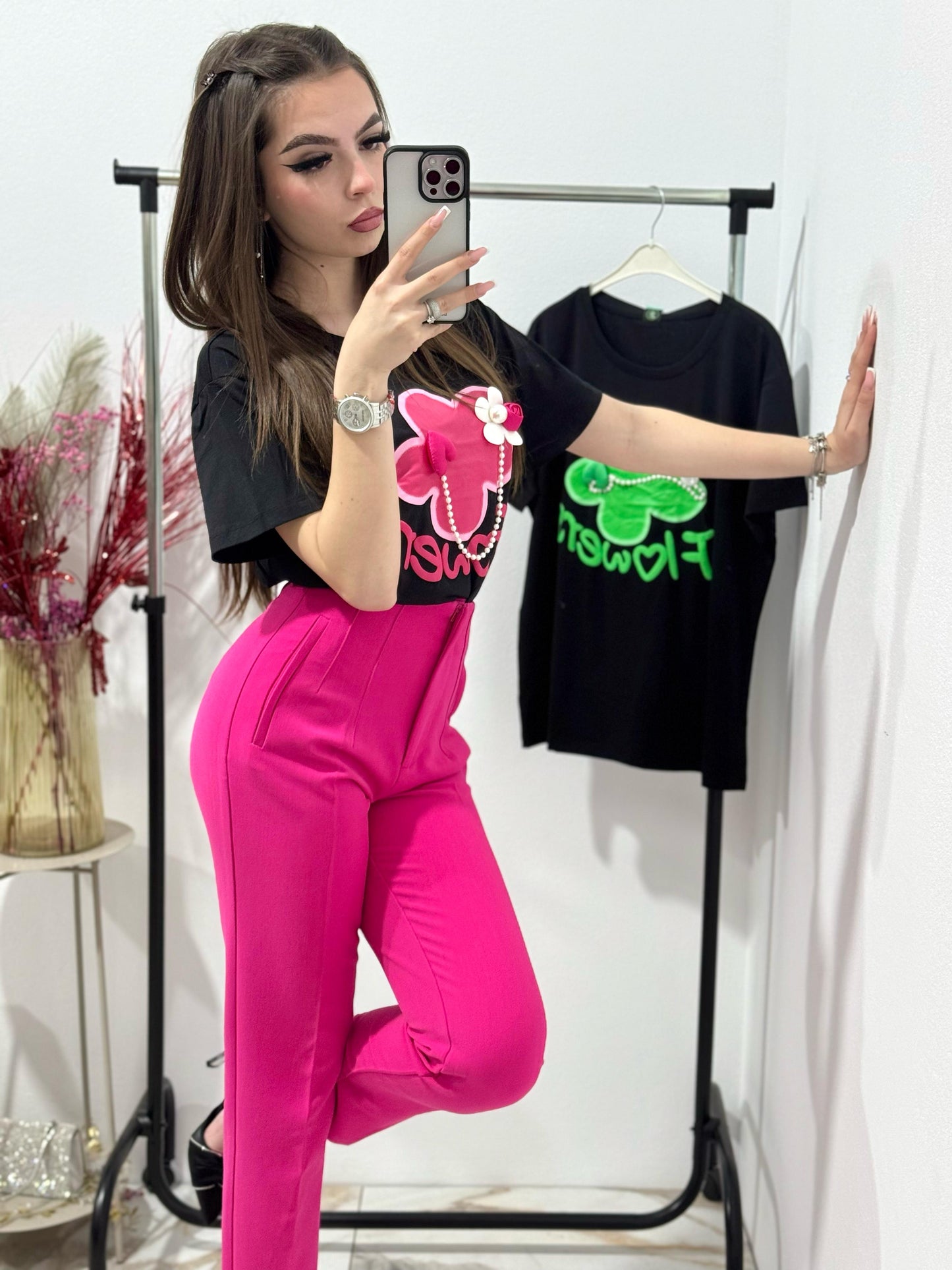 Pantalon fucsia cu talie inalta Caroline