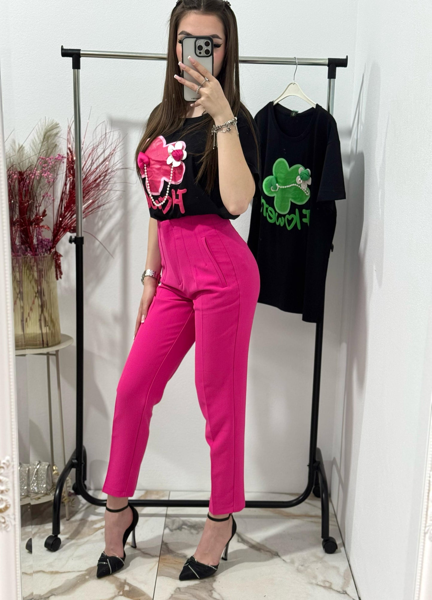 Pantalon fucsia cu talie inalta Caroline