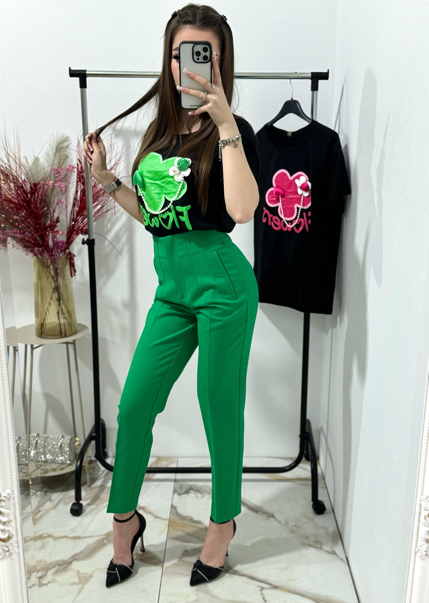 Pantalon verde cu talie inalta Caroline