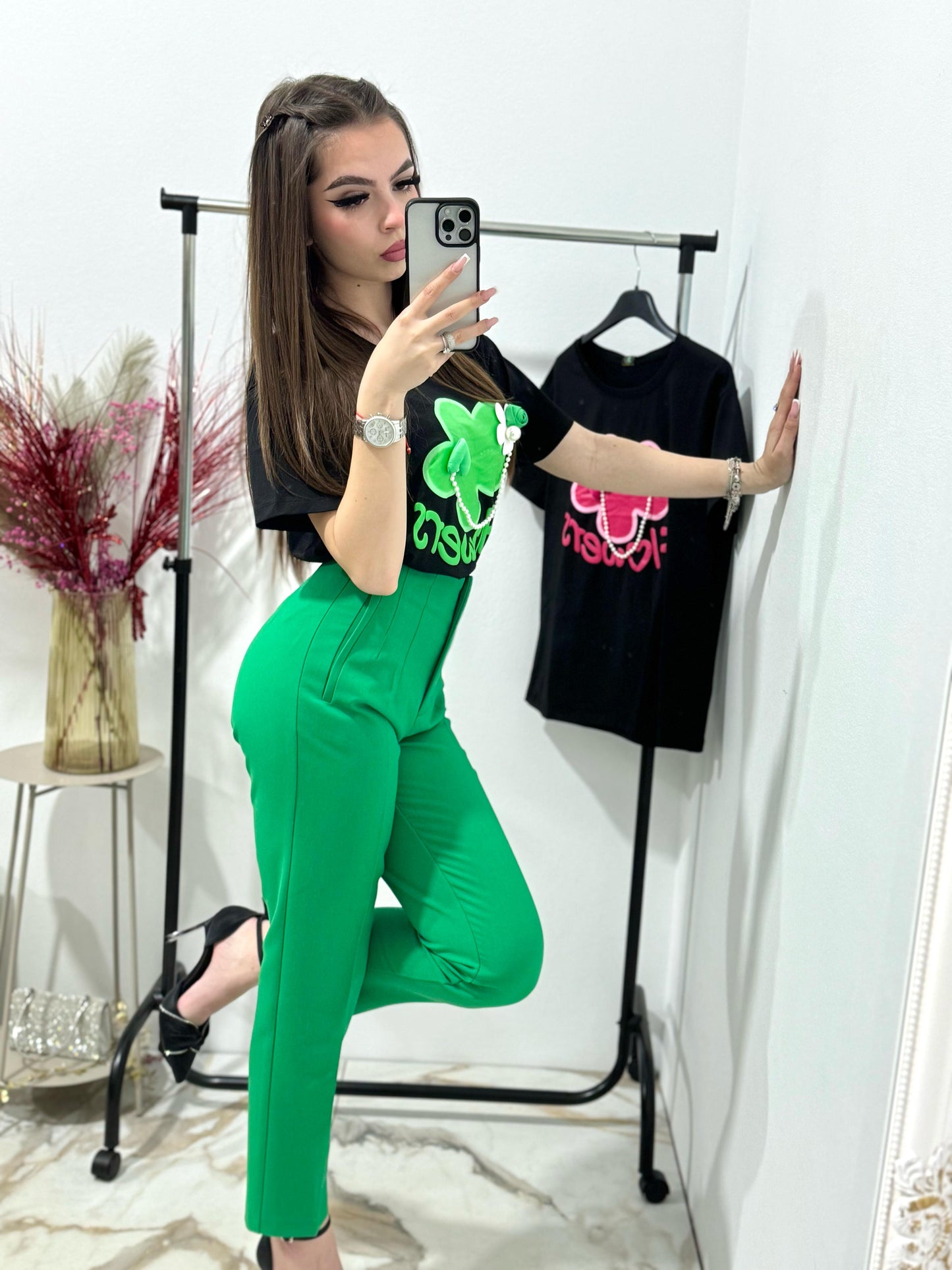 Pantalon verde cu talie inalta Caroline