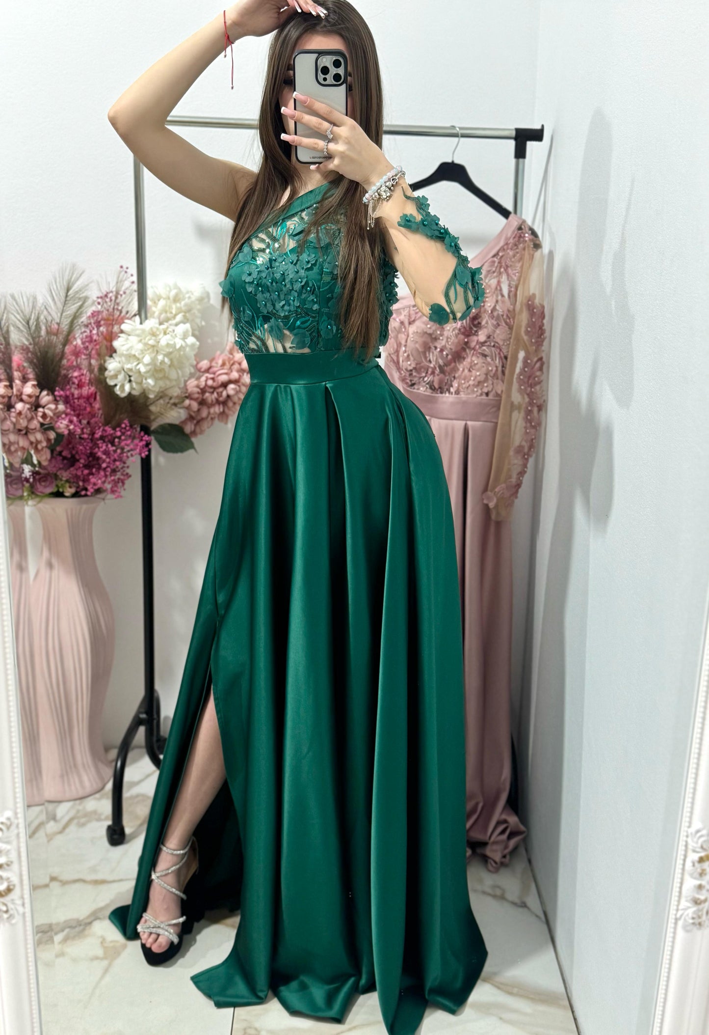 Rochie lunga din tafta verde Elegance