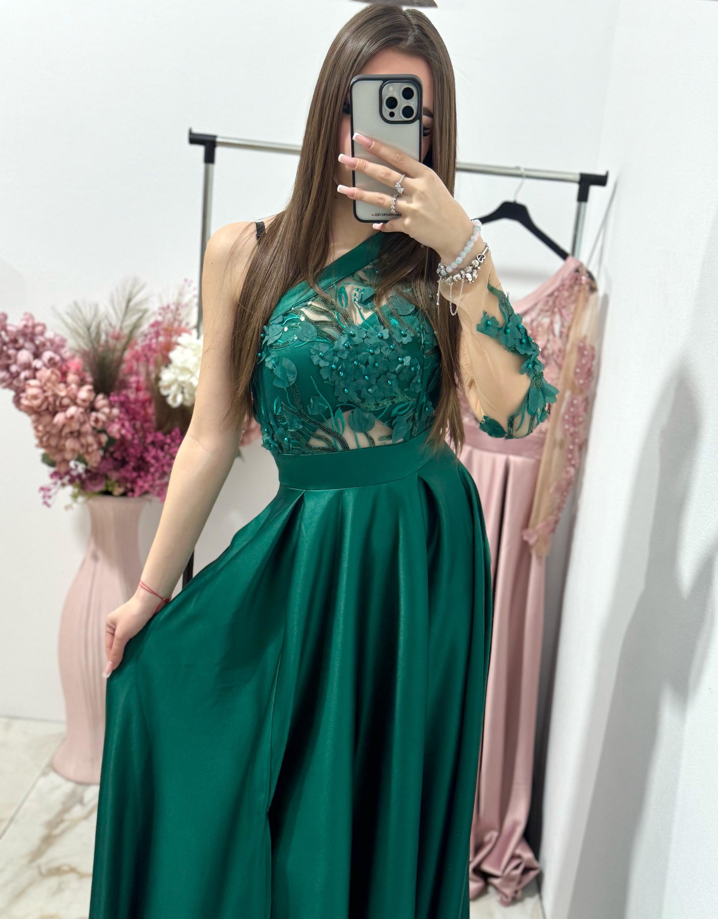 Rochie lunga din tafta verde Elegance