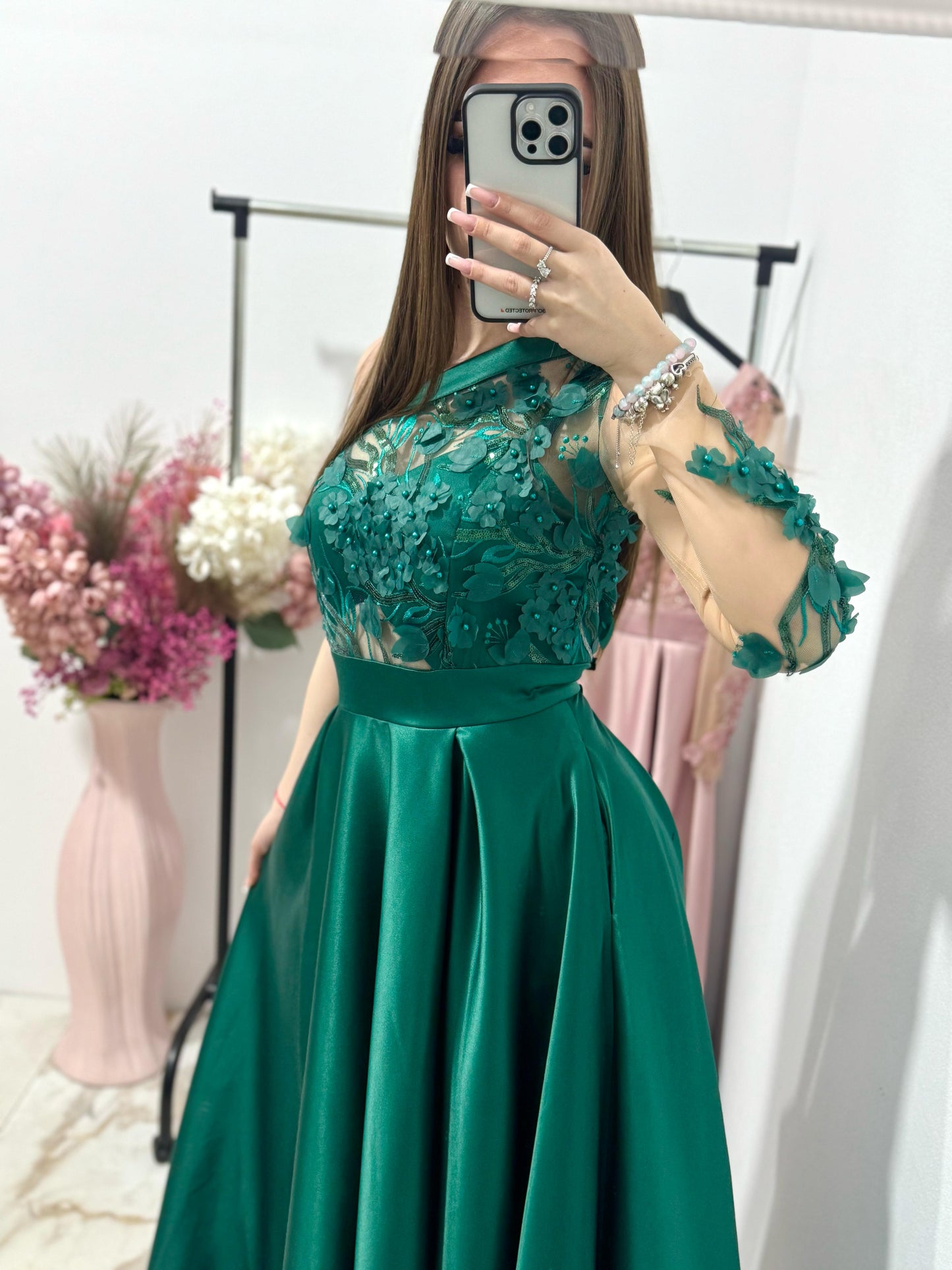 Rochie lunga din tafta verde Elegance