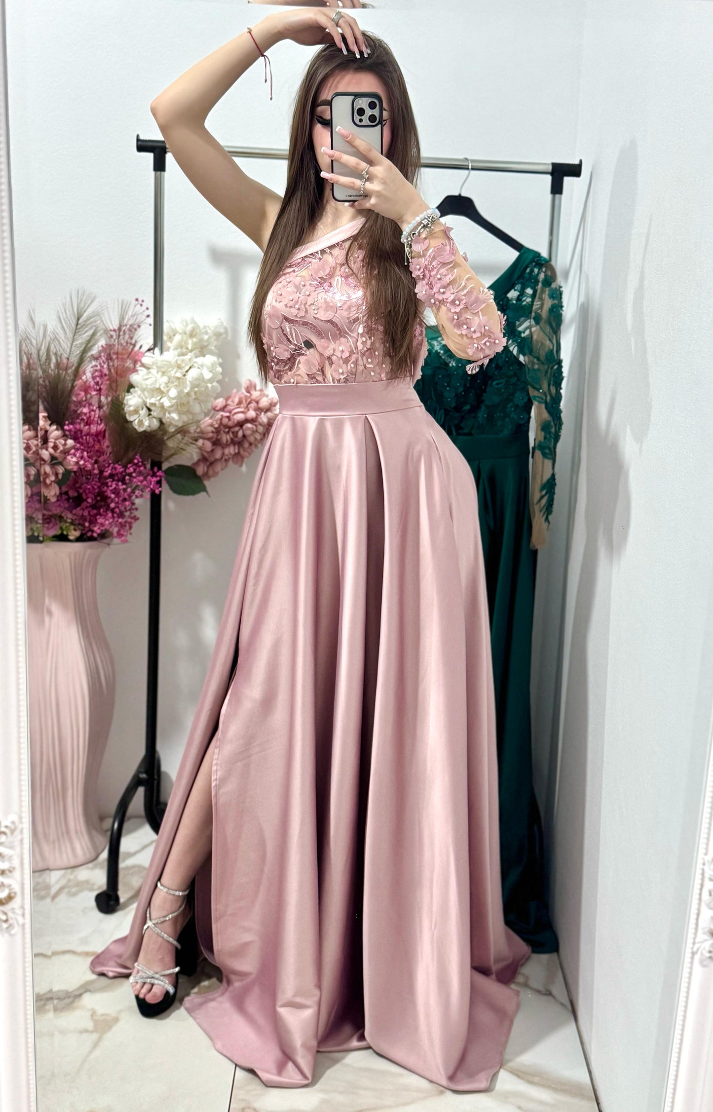 Rochie lunga eleganta din tafta roz Elegance