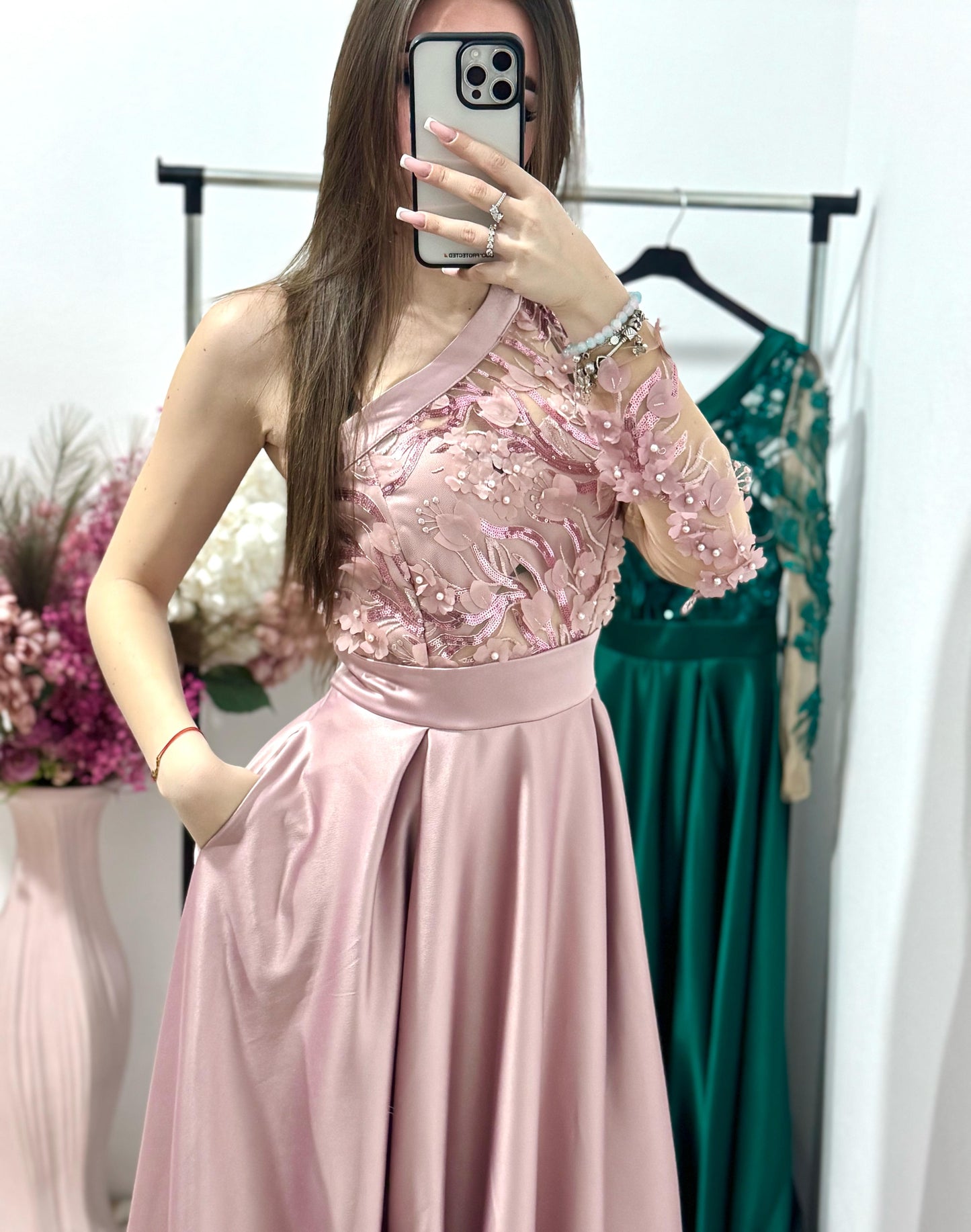 Rochie lunga eleganta din tafta roz Elegance