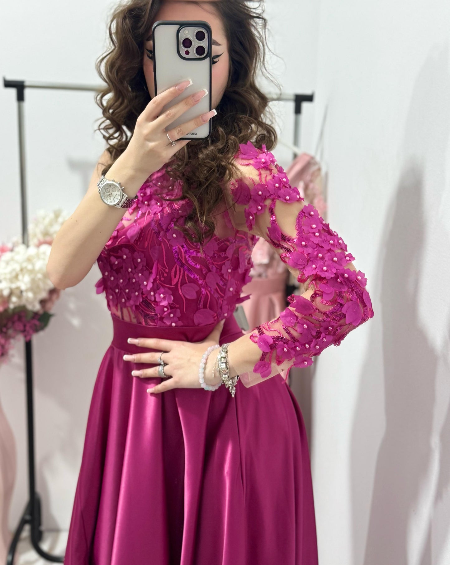Rochie lunga din tafta fucsia Elegance