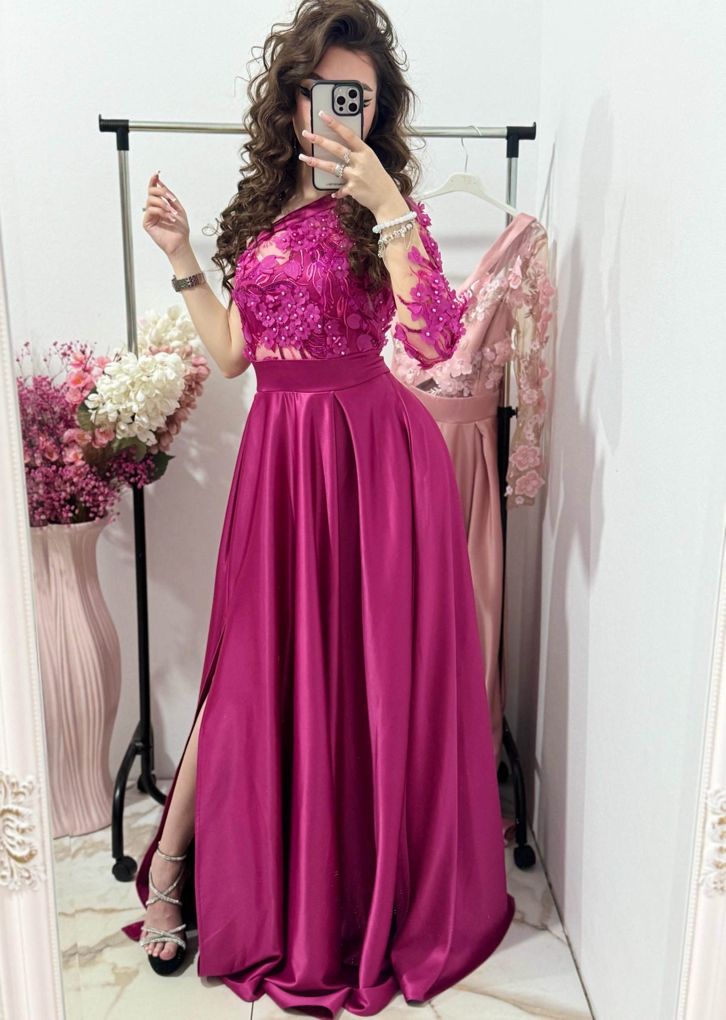 Rochie lunga din tafta fucsia Elegance