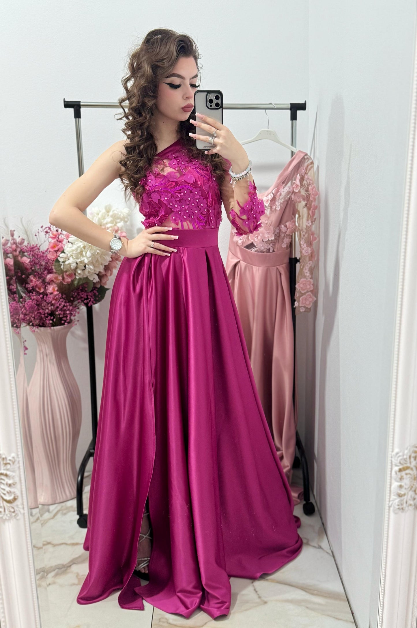 Rochie lunga din tafta fucsia Elegance