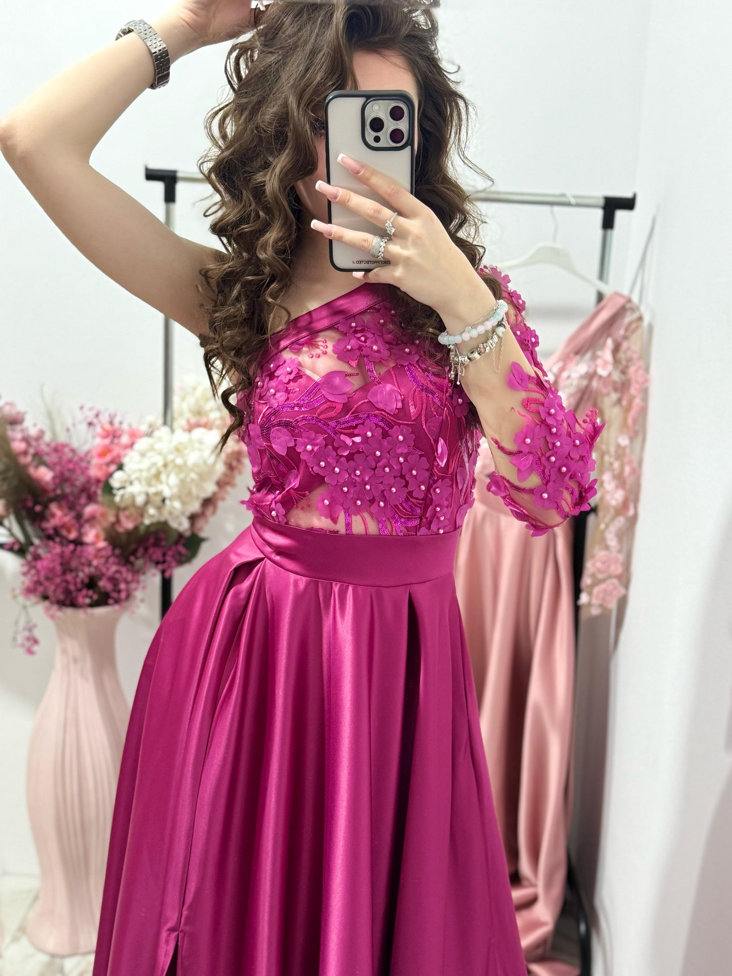 Rochie lunga din tafta fucsia Elegance