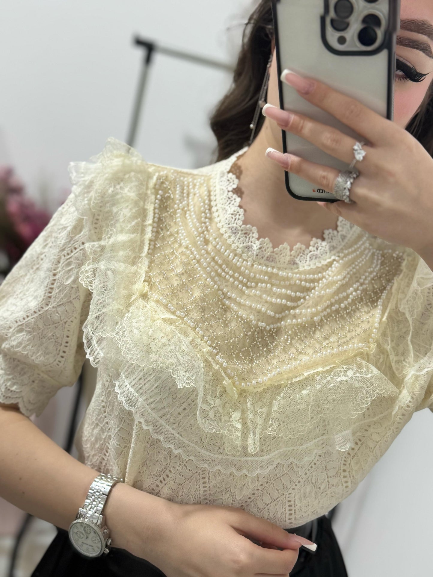 Bluza beige din dantela Natalie