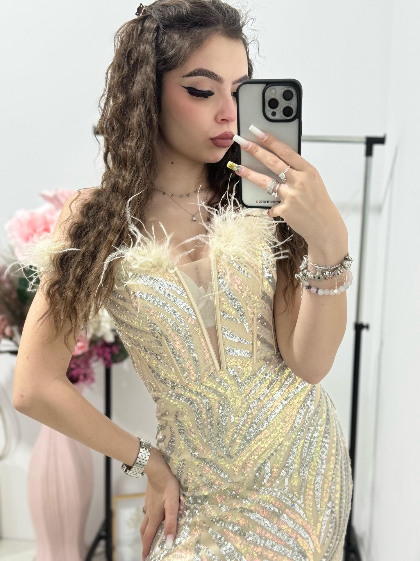Rochie lunga din paiete gold Safira