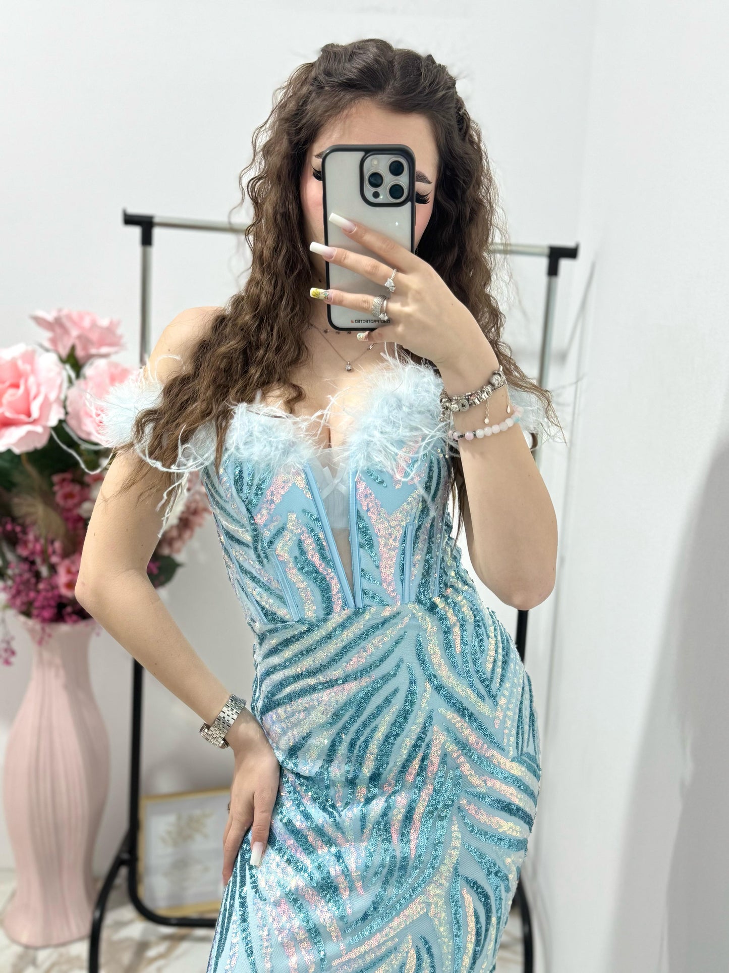 Rochie lunga eleganta din paiete aquamarin Janina