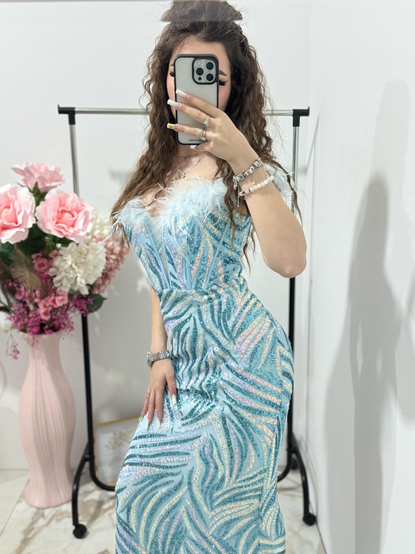 Rochie lunga eleganta din paiete aquamarin Janina