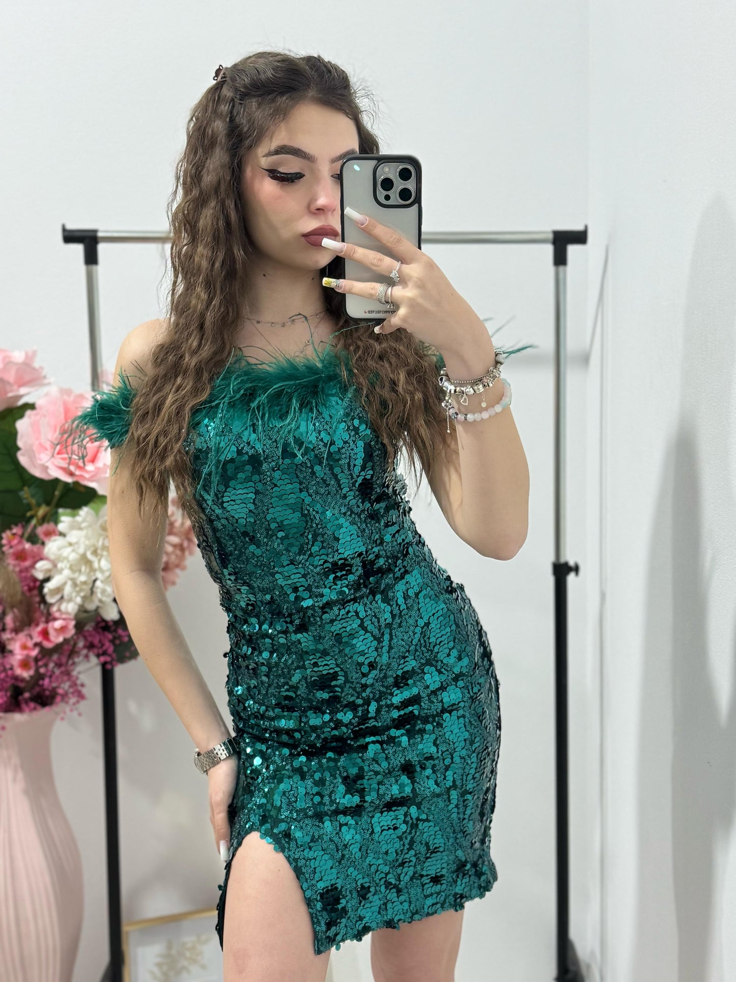 Rochie scurta din paiete verde Bianca