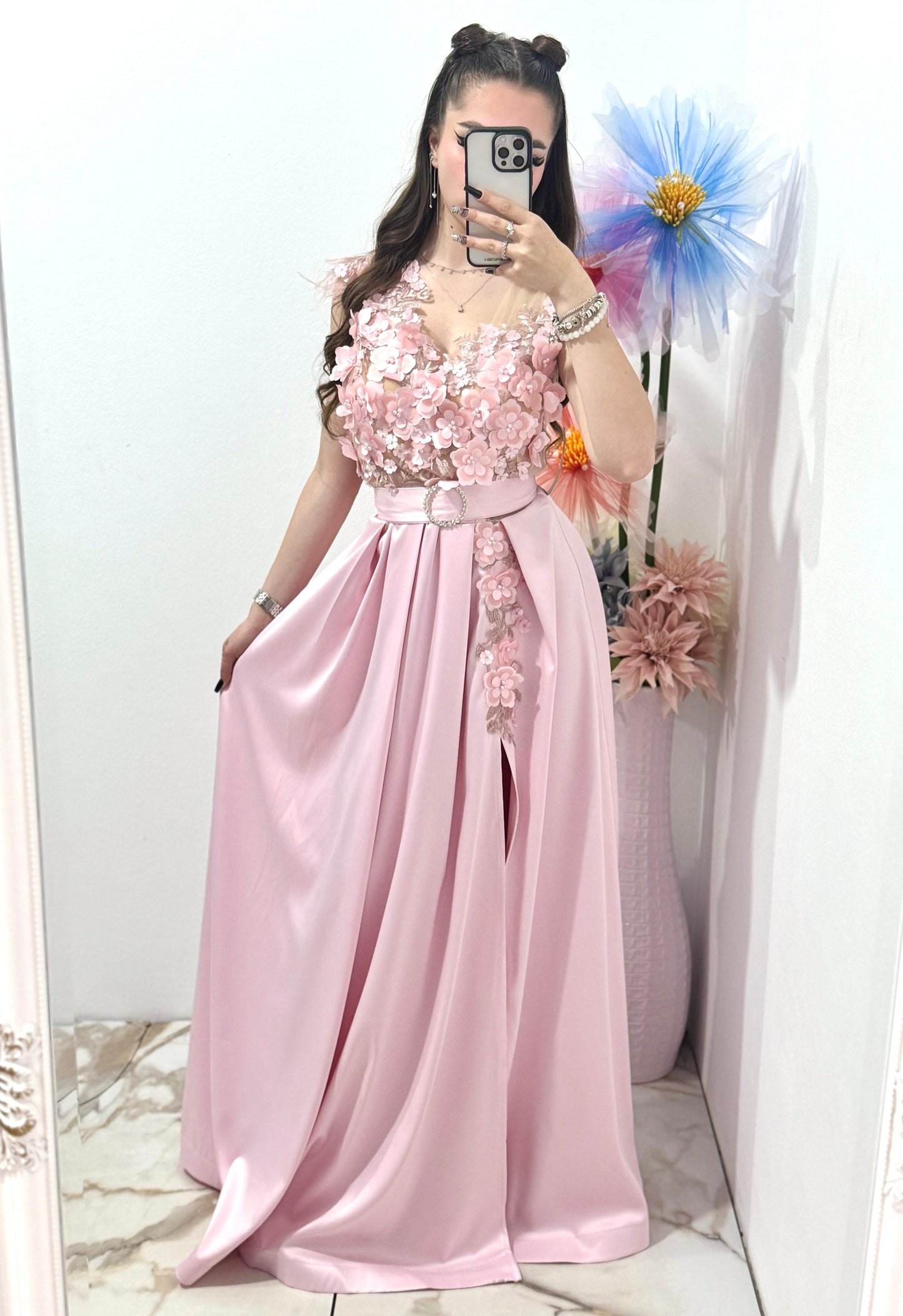 Rochie lunga din tafta roz Gabrielle