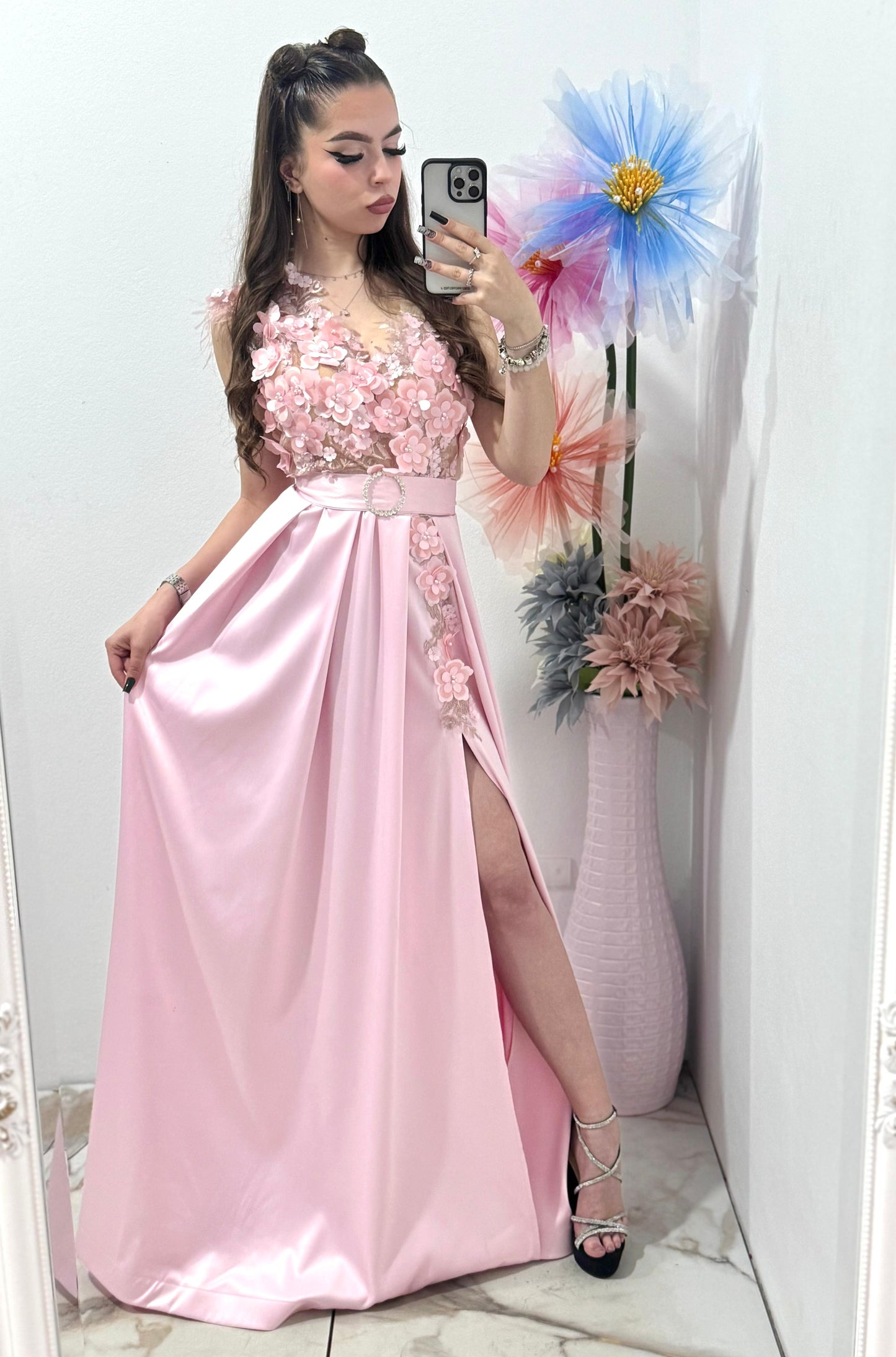 Rochie lunga din tafta roz Gabrielle