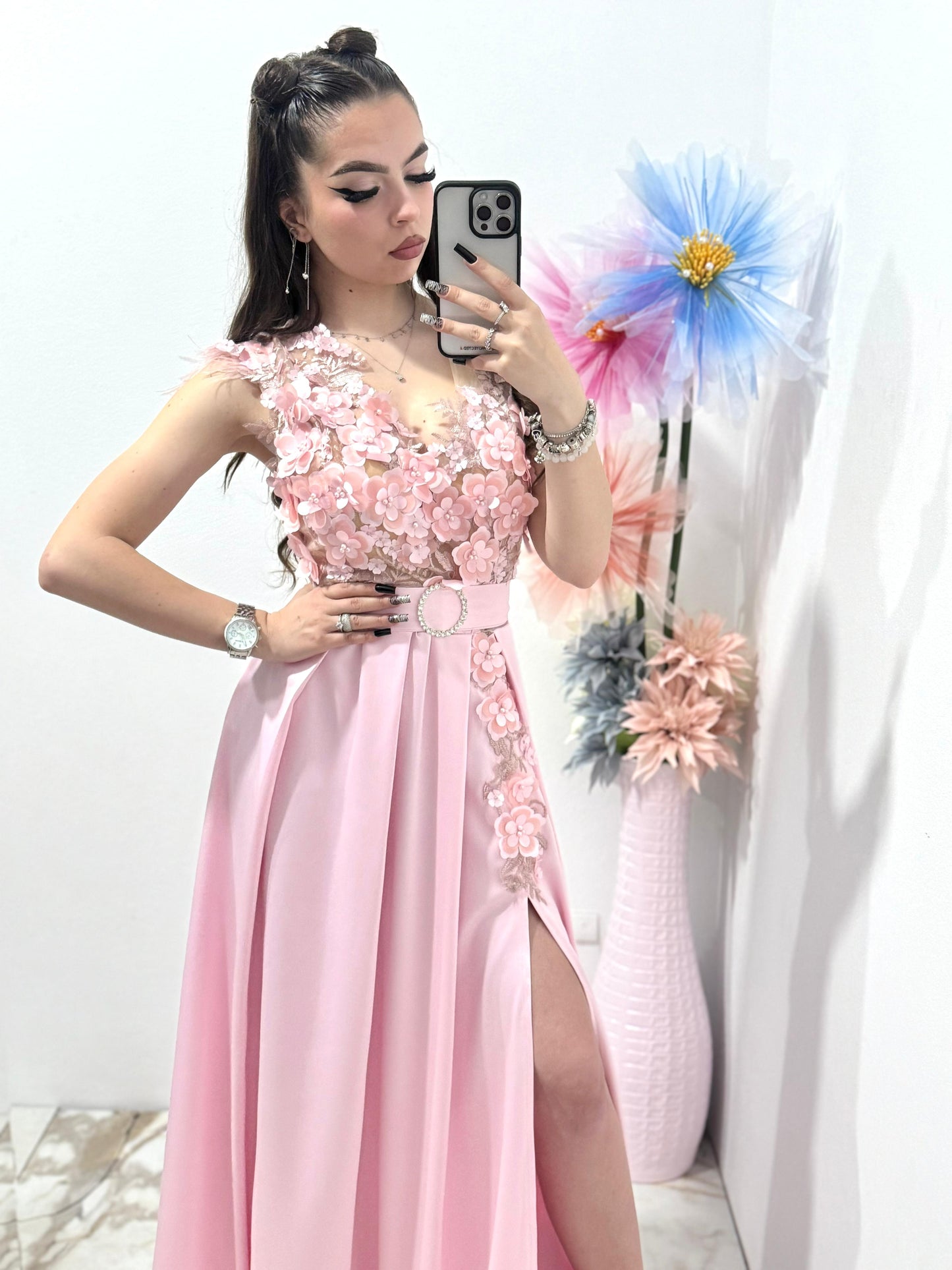 Rochie lunga din tafta roz Gabrielle