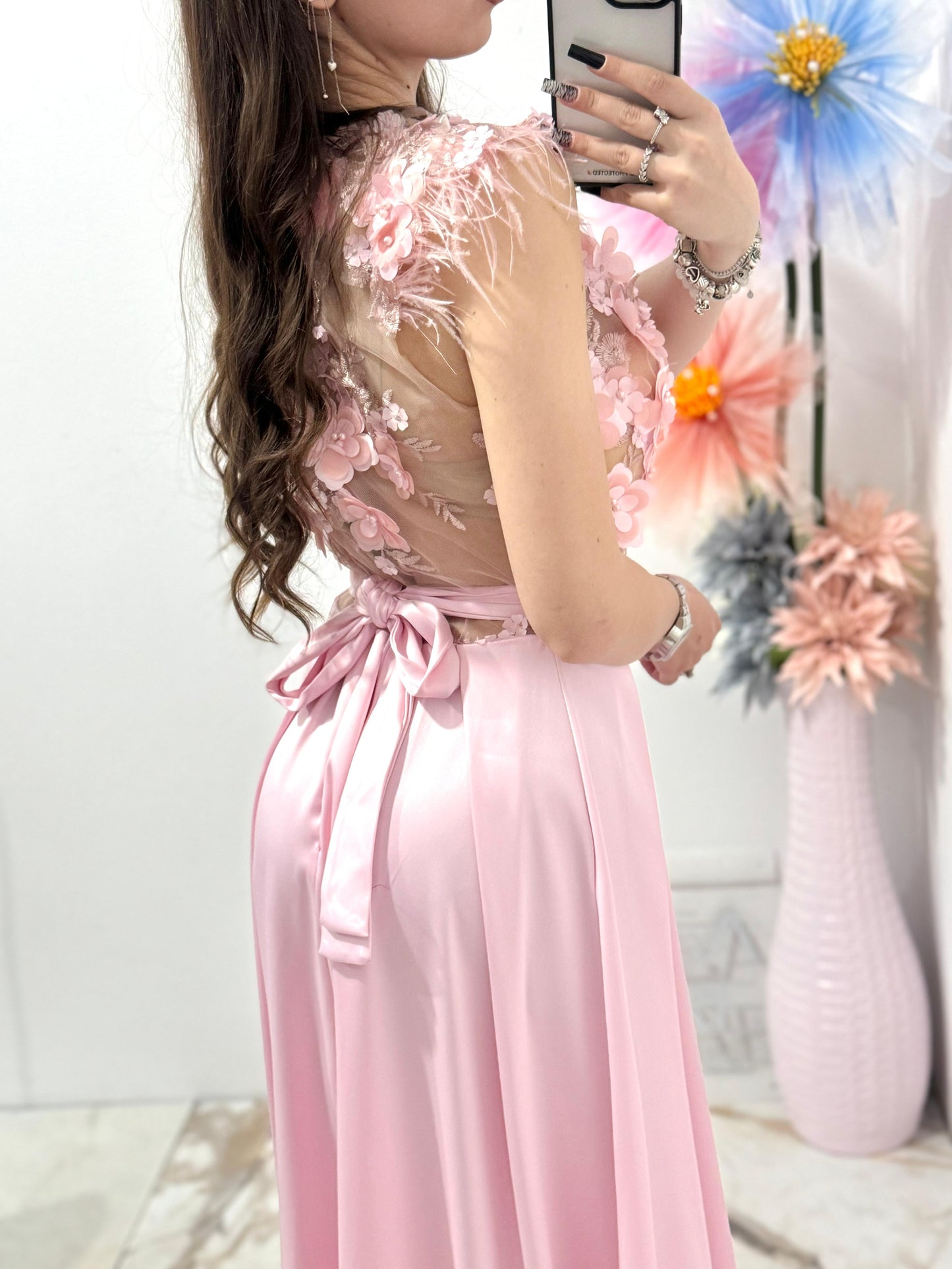 Rochie lunga din tafta roz Gabrielle