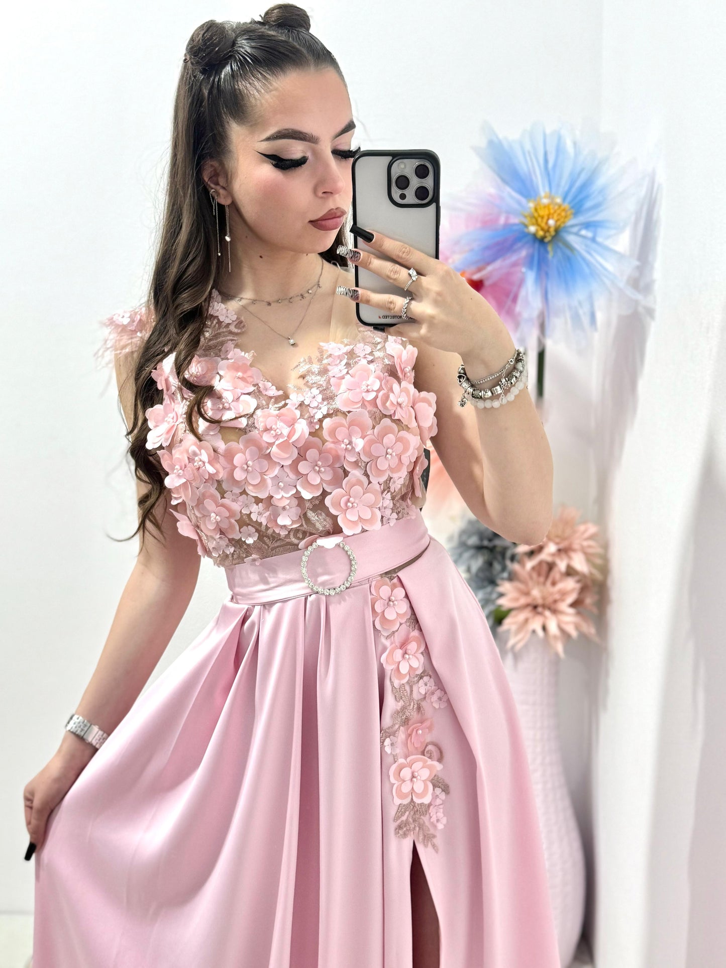 Rochie lunga din tafta roz Gabrielle