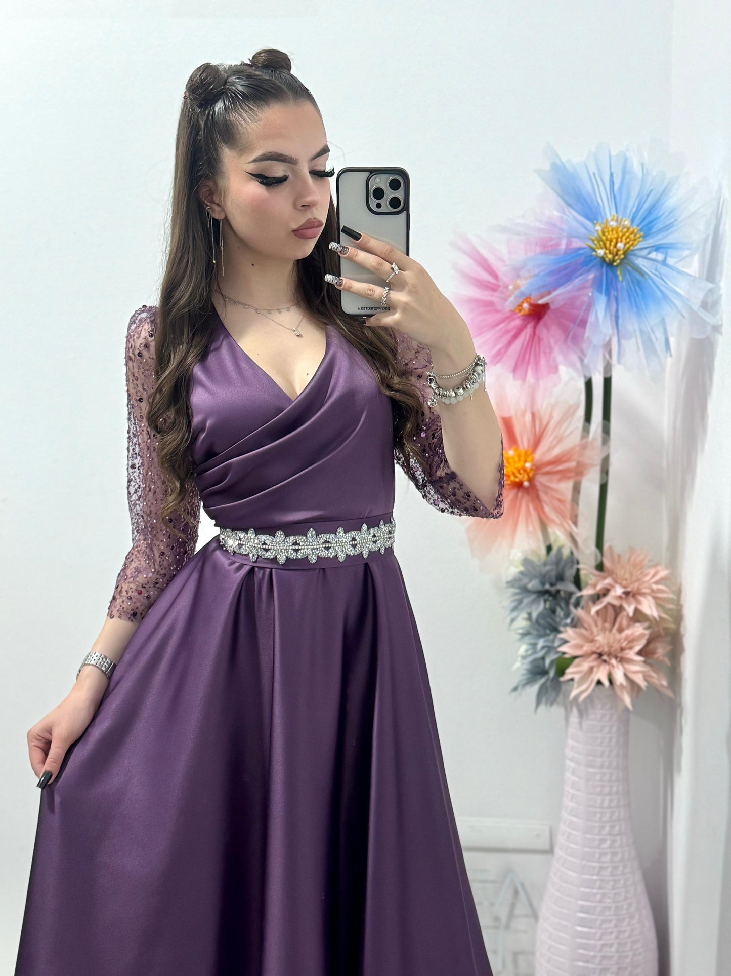 Rochie lunga Adria din tafta mov