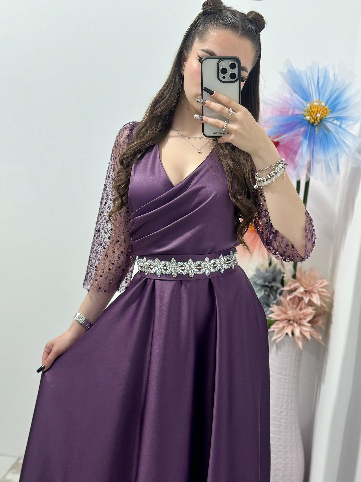 Rochie lunga Adria din tafta mov