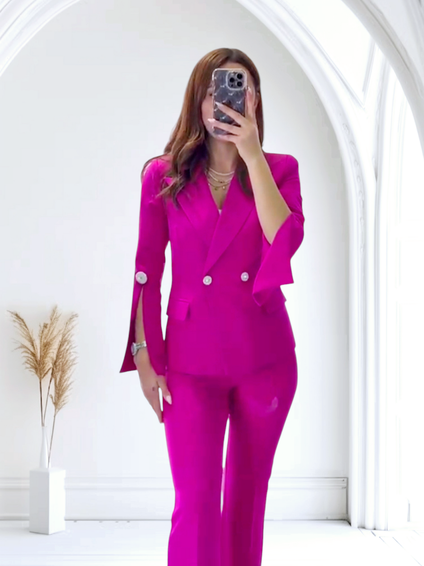 Compleu fucsia elegant Tina cu pantalon evazat