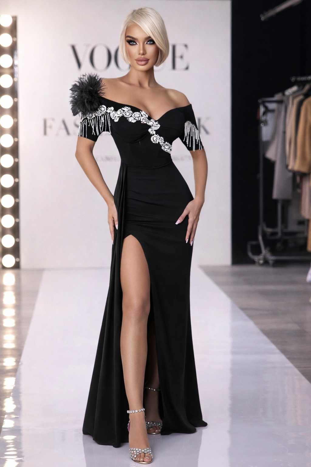 Rochie elegantă off-shoulder cu slit și detalii luxury