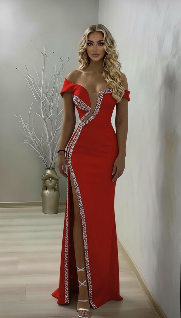Rochie rosie lunga tip sirena Katherine