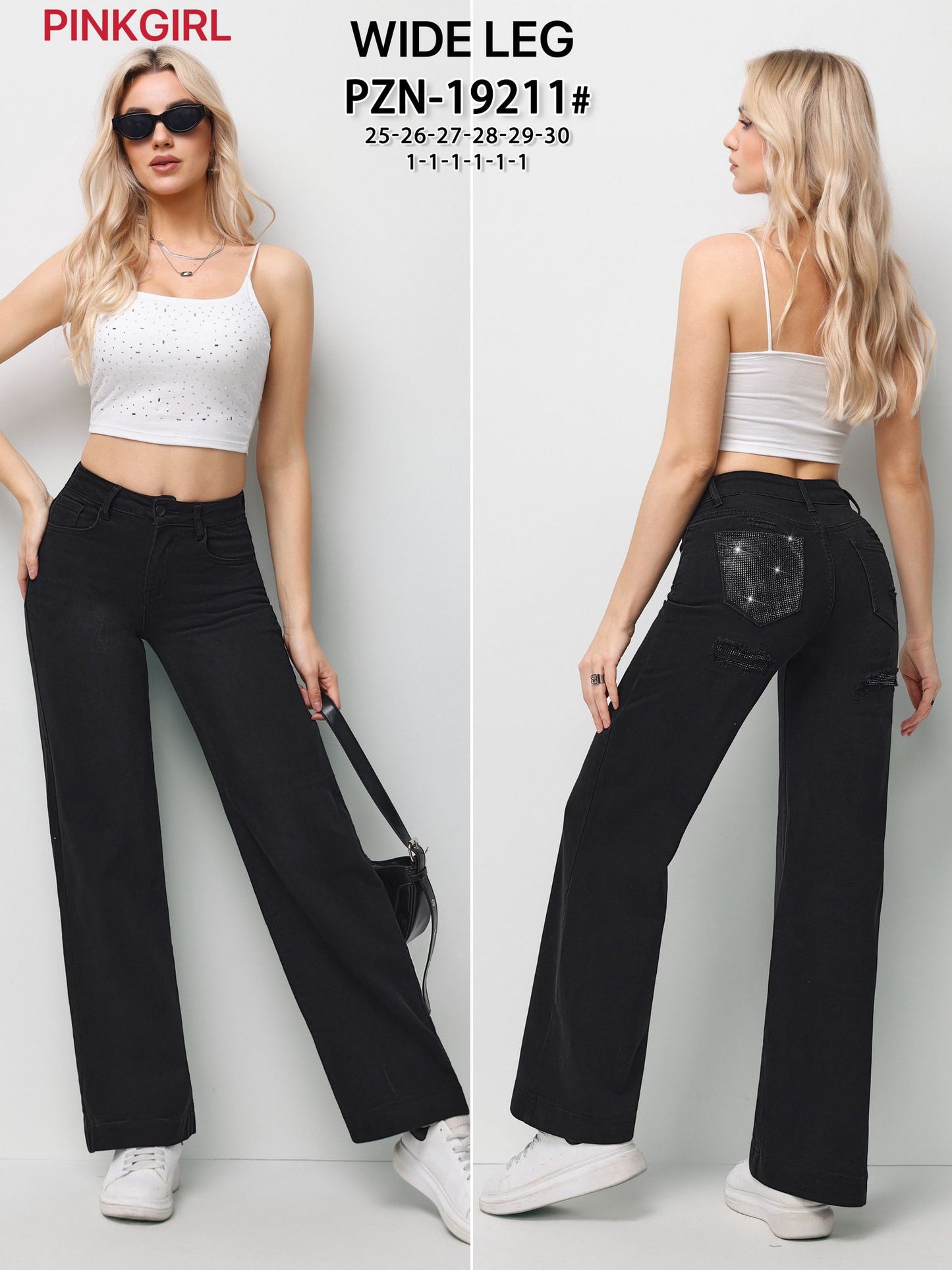 Blugi negri wideleg cu buzunar accesorizat 19211