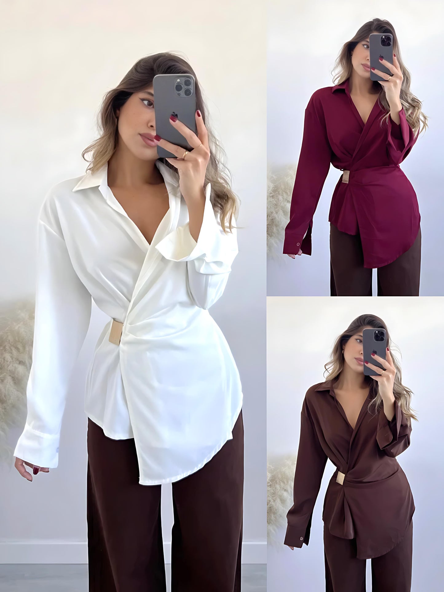 Bluză elegantă damă cu design petrecut și detaliu metalic în talie