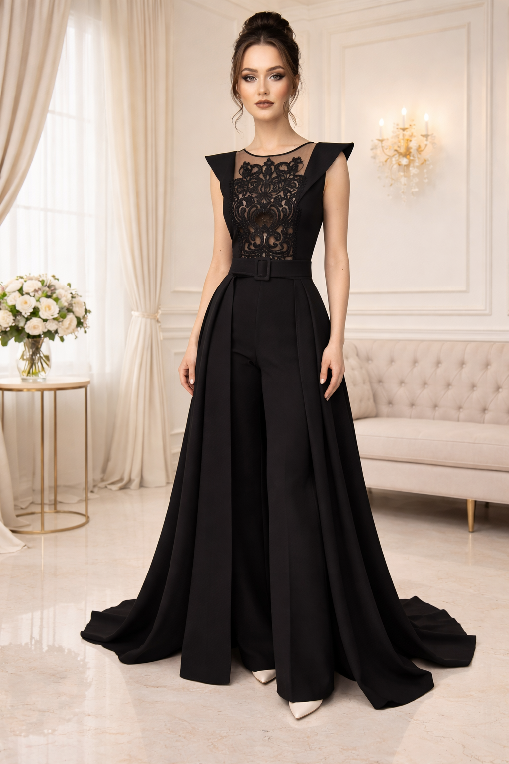 Salopeta neagra eleganta cu trena detasabilă Belle