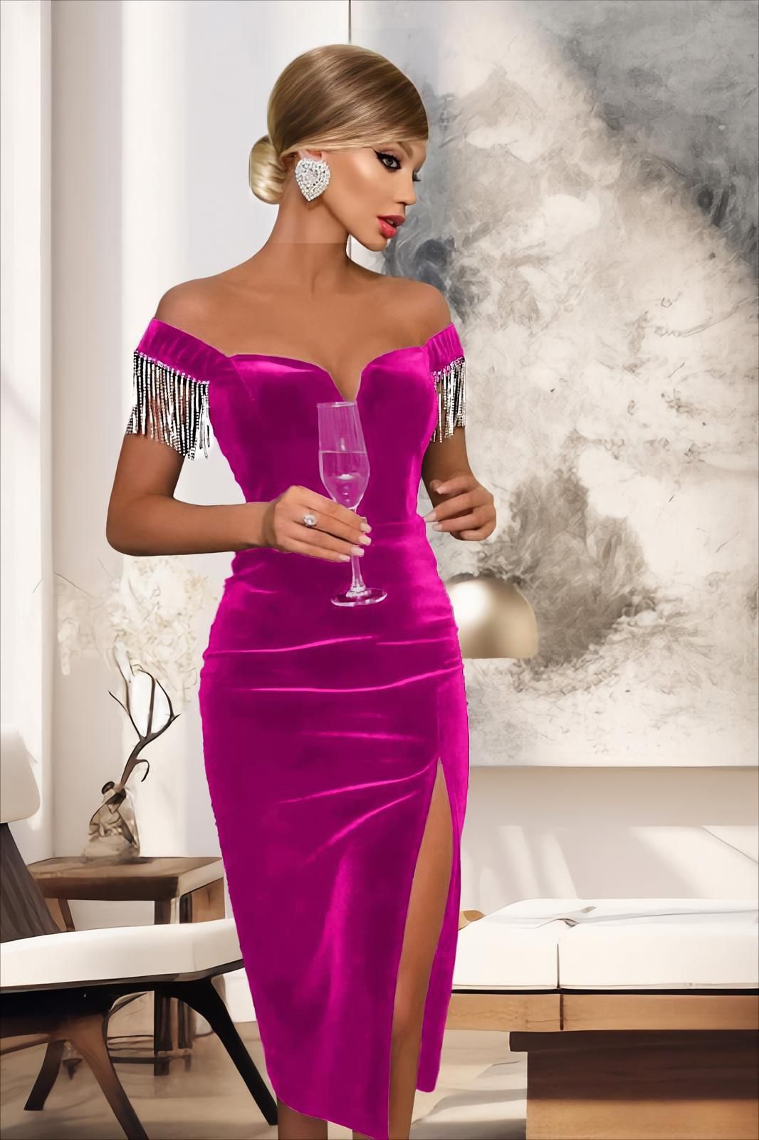 Rochie elegantă fucsia din catifea, cu umeri goi și despicătură pe picior Lolita