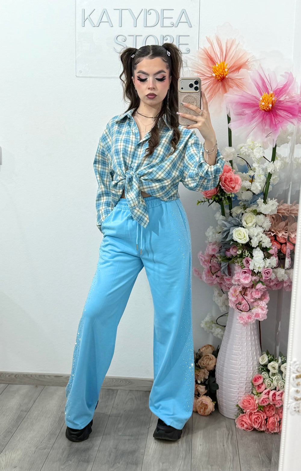 Pantaloni WideLeg bleu cu cristale ștanțate