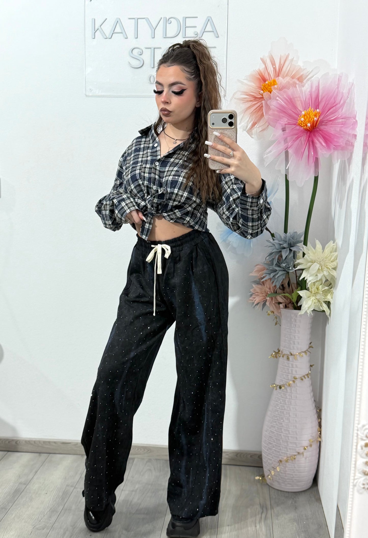 Pantaloni WideLeg black&blue cu cristale