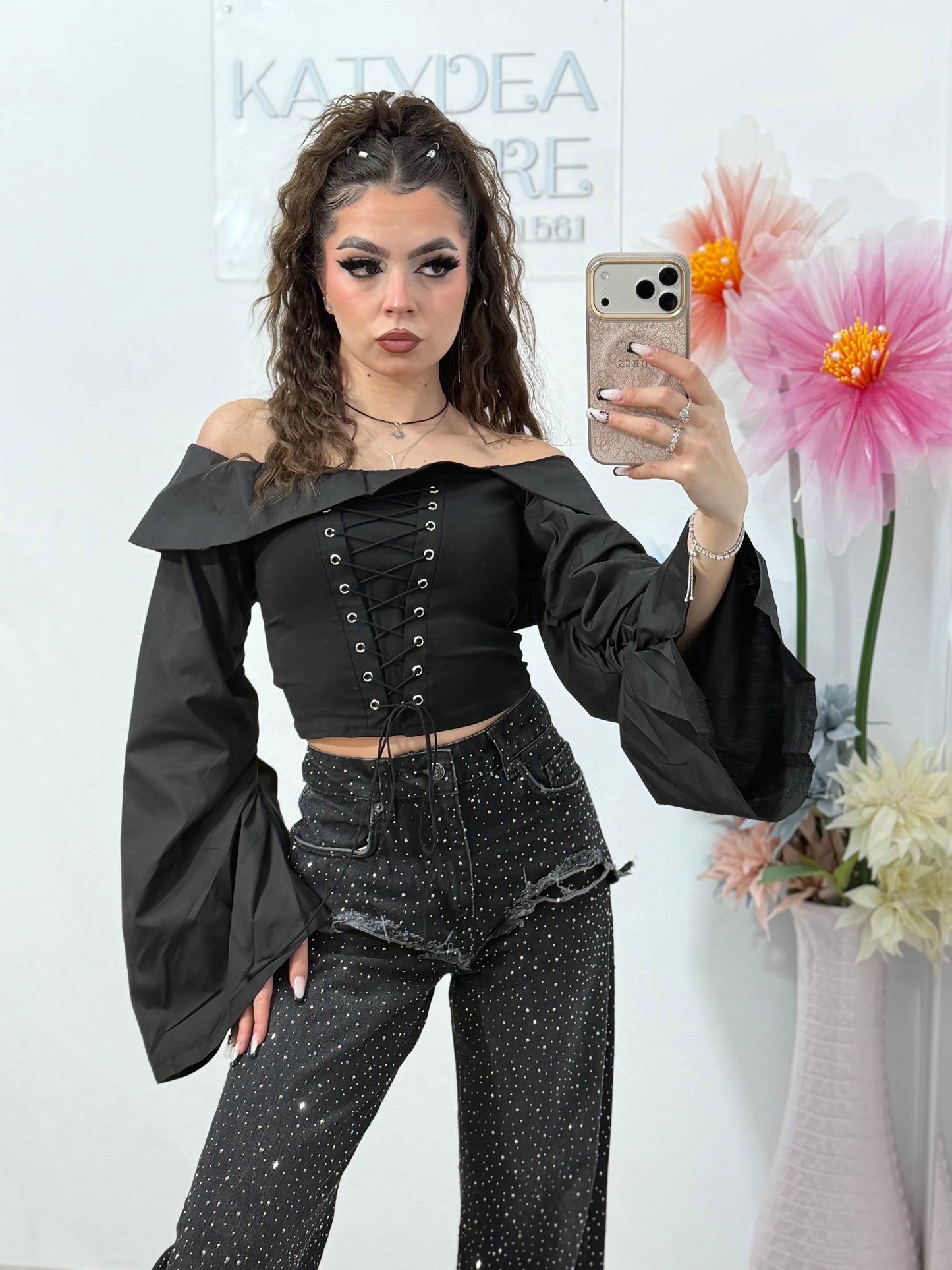 Top stil corset negru HERENA