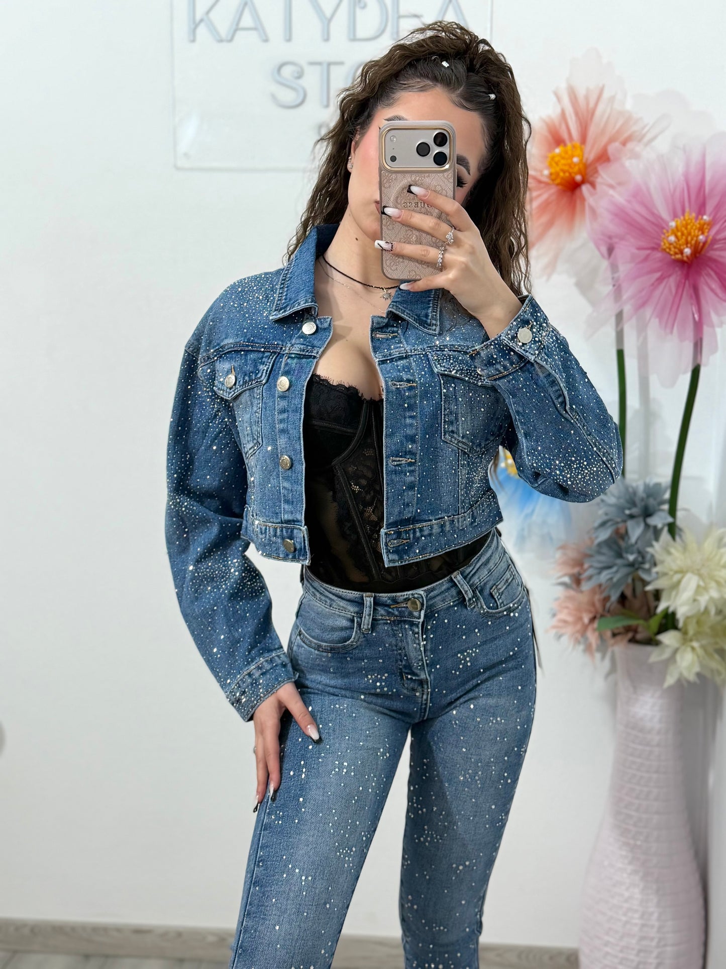 Geacă din denim cu cristale ștanțate blue MARIA