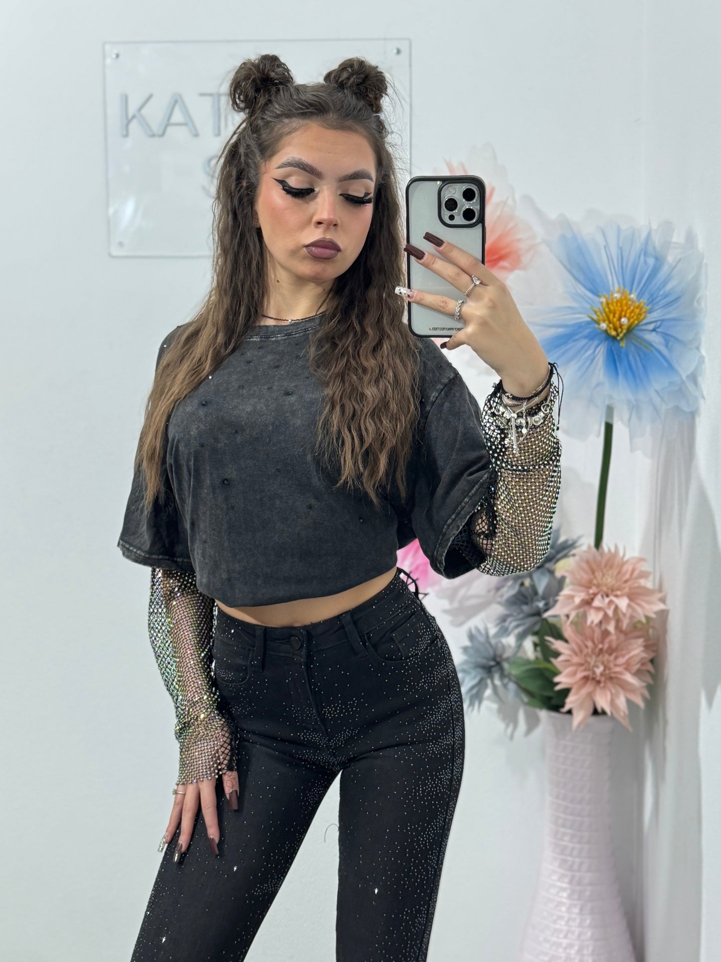 Jeans skinny negri cu cristale ștanțate DARIA