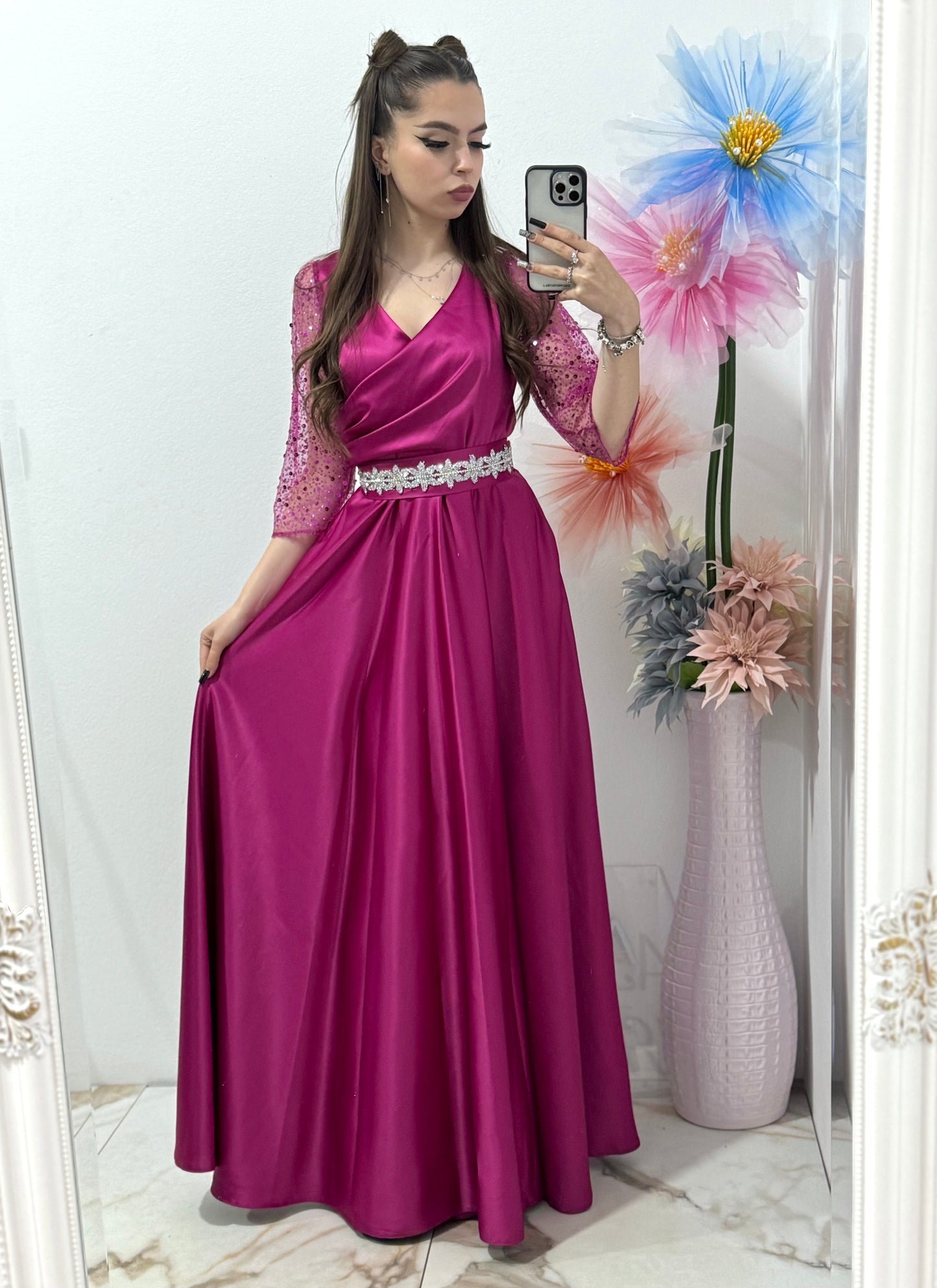 Rochie lungă Adria din tafta fucsia