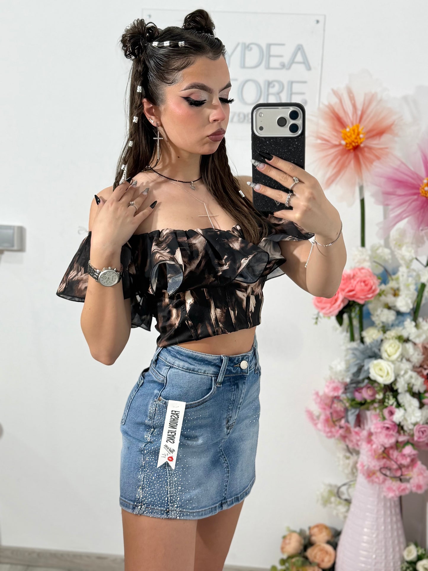 Fusta pantalon din denim albastru cu cristale argintii