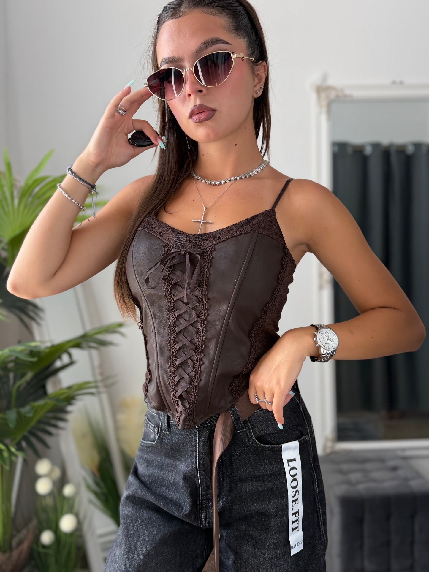 Top tip corset din imitație de piele maro