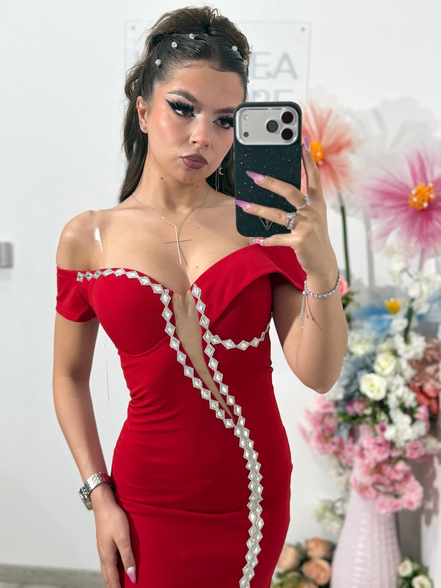 Rochie rosie lunga tip sirena Katherine
