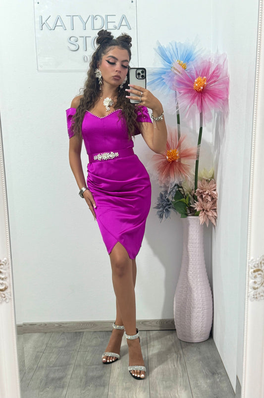 Rochie scurtă din tafta cu perle fucsia Nicolle