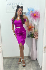 Rochie scurtă din tafta cu perle fucsia Nicolle
