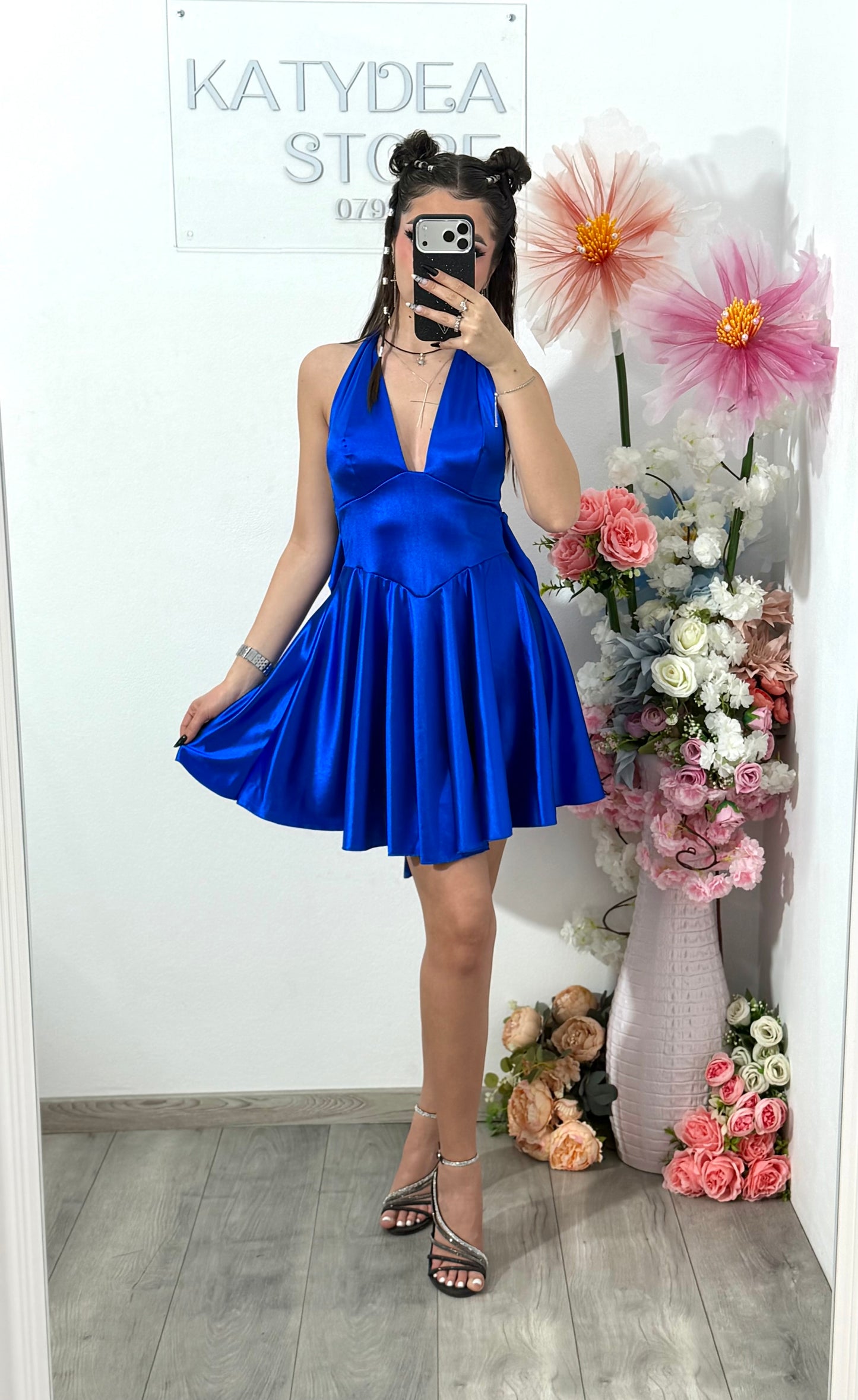 Rochie satinata cu funda BELLE albastru electric