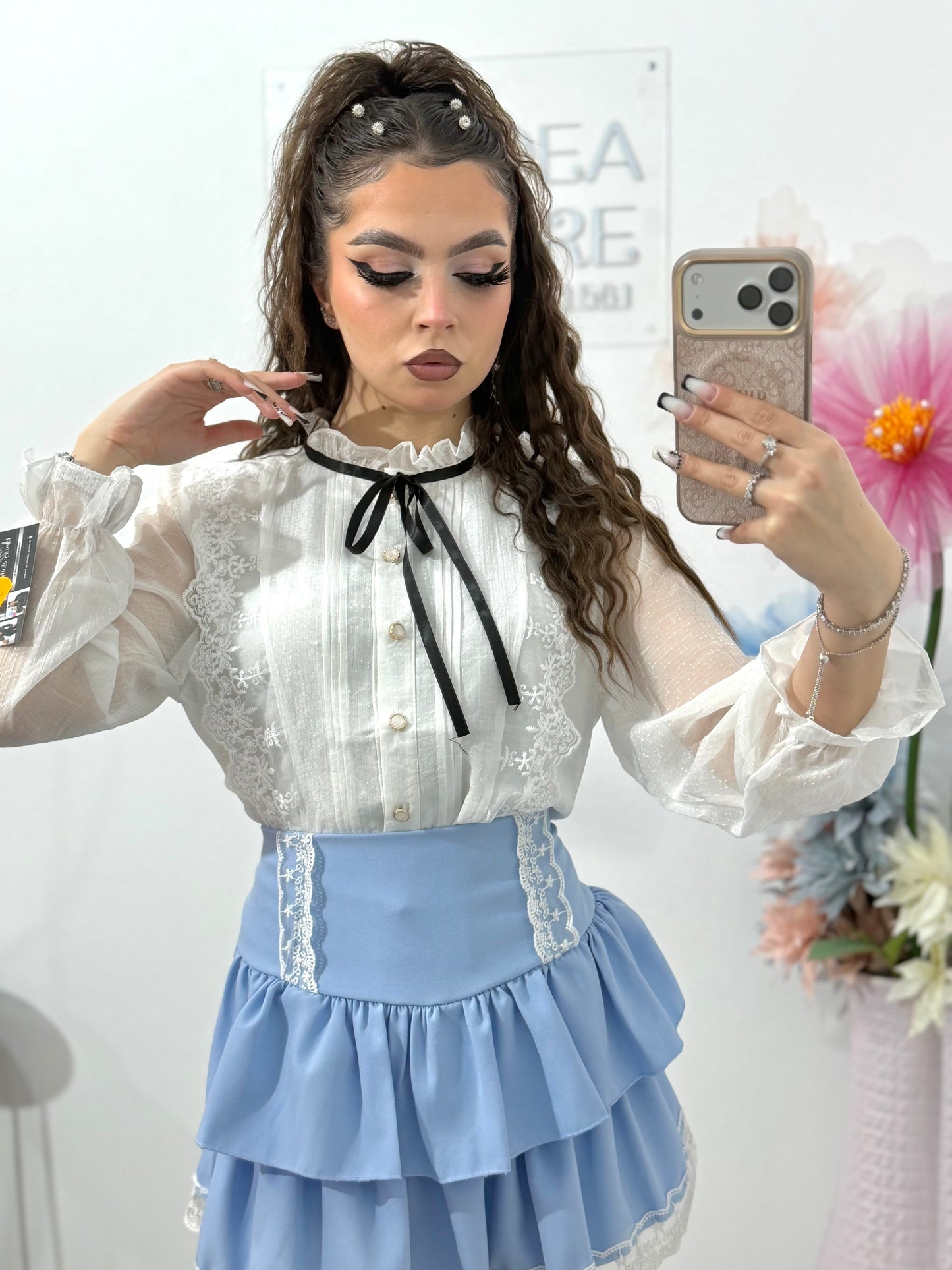 Cămașă din dantelă cu fundiță MARA