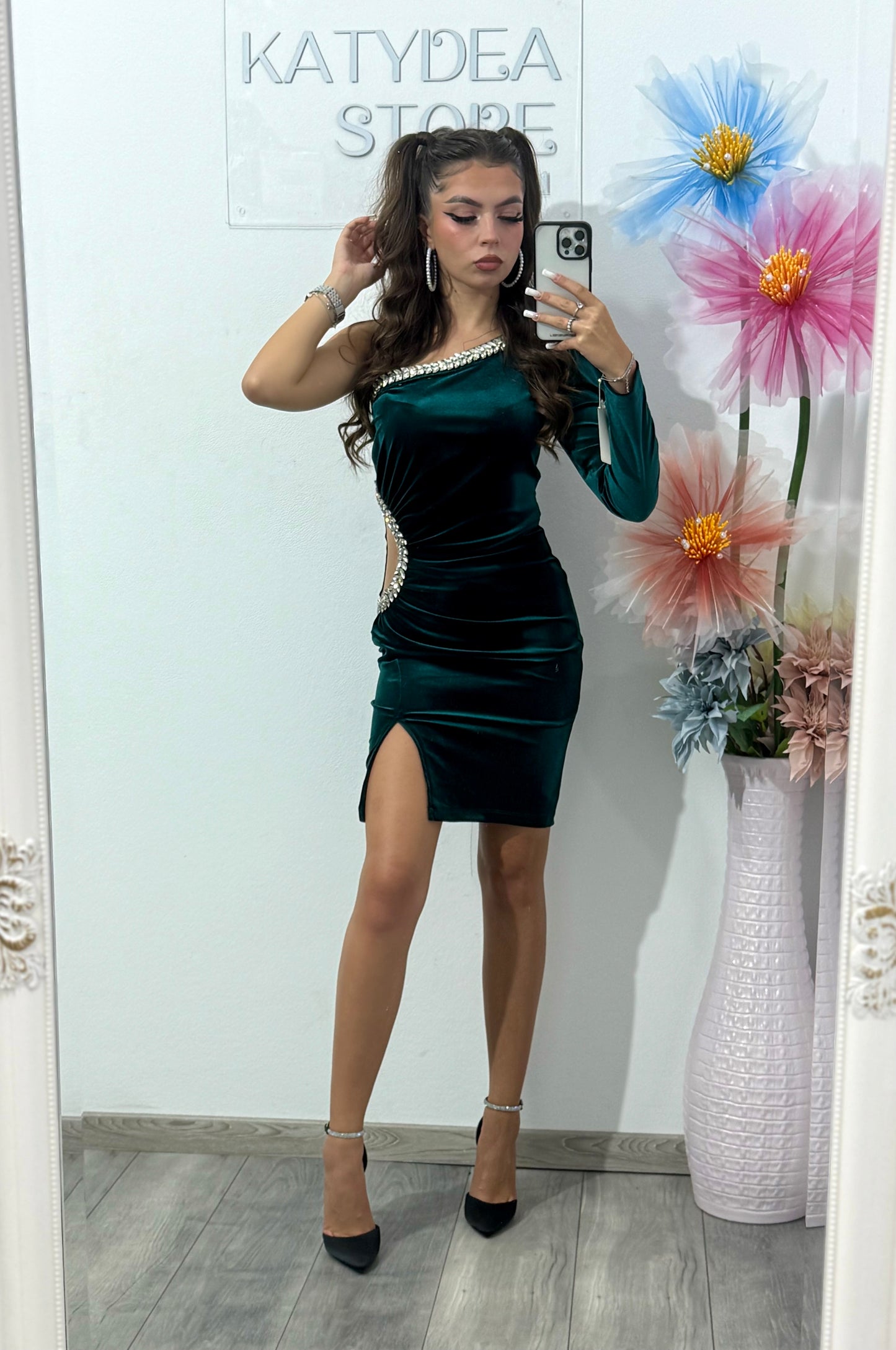 Rochie din catifea verde smarald Diamonds