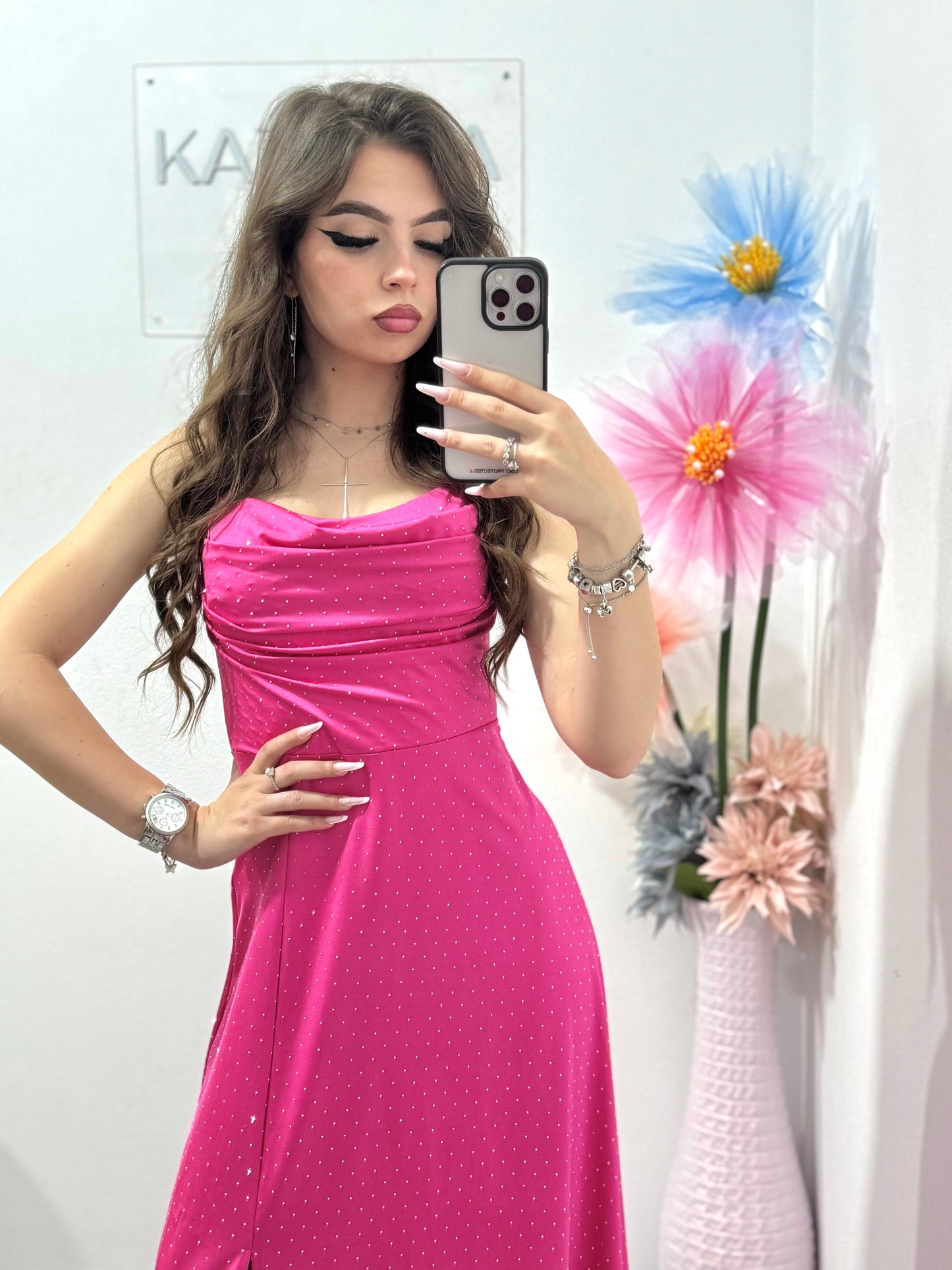 Rochie elegantă cu cristale fucsia Glam
