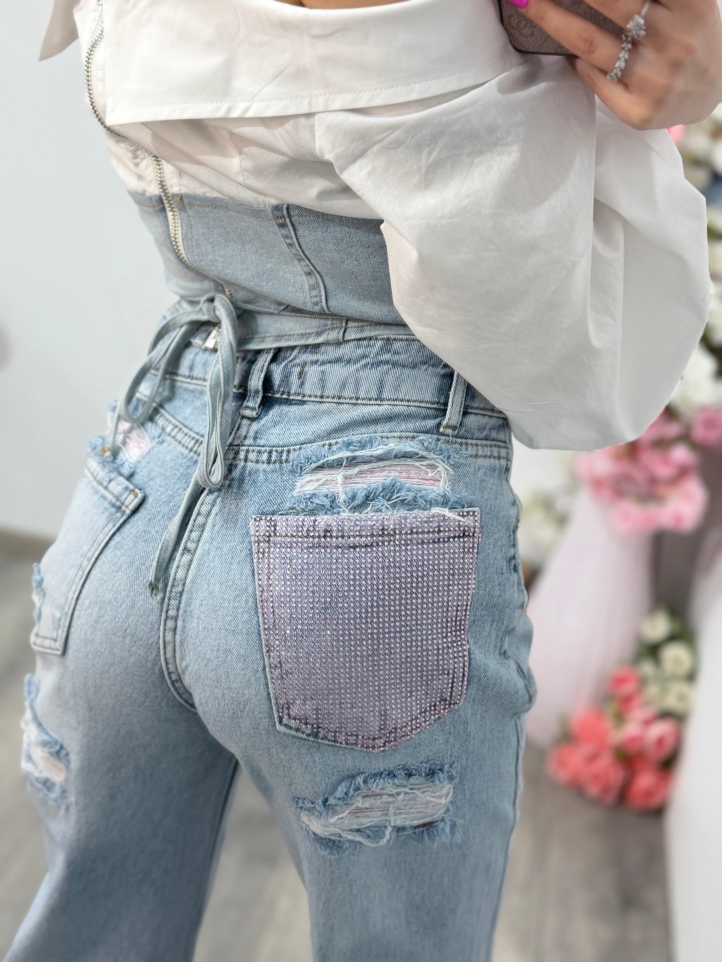 Jeans WideLeg cu buzunar cu piatra roz ștanțată RAMONA