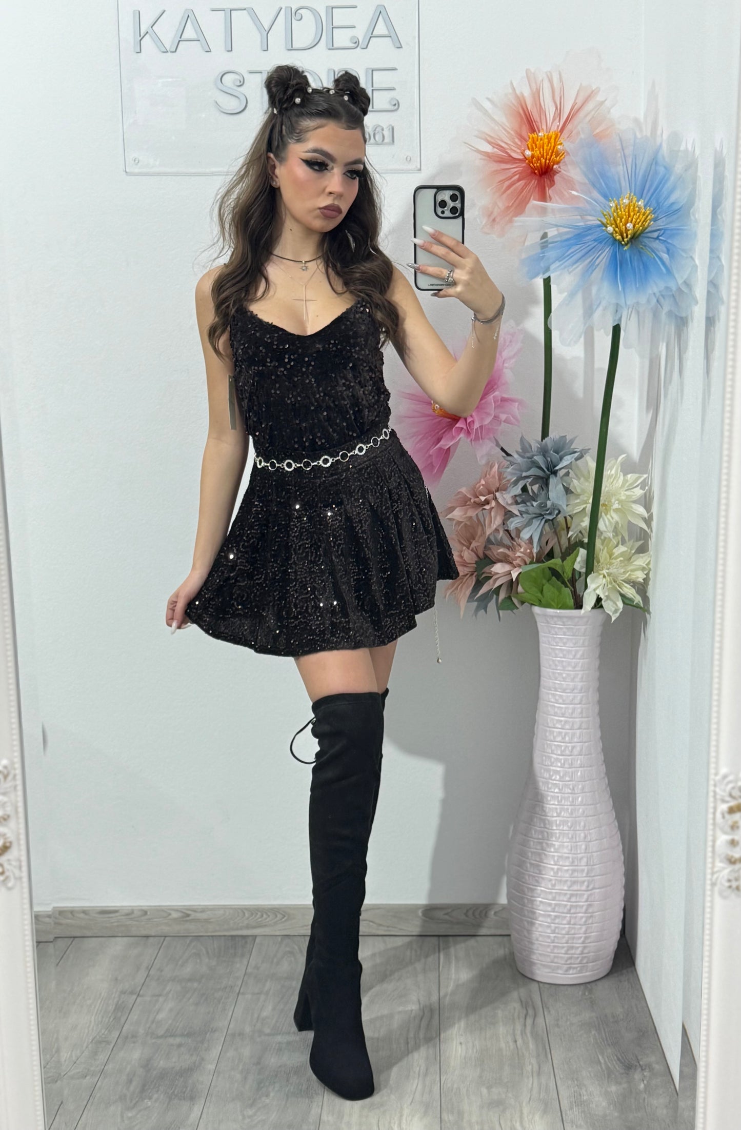 Fustă-pantalon plisată din paiete maro DELIA